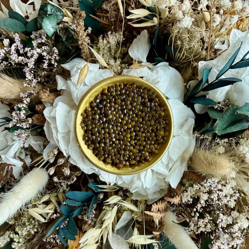 Discover caviar with Caviar des Sacres: enjoy a complimentary tasting and explore the grains, textures, and flavors at the Jardins d’Arcadie.